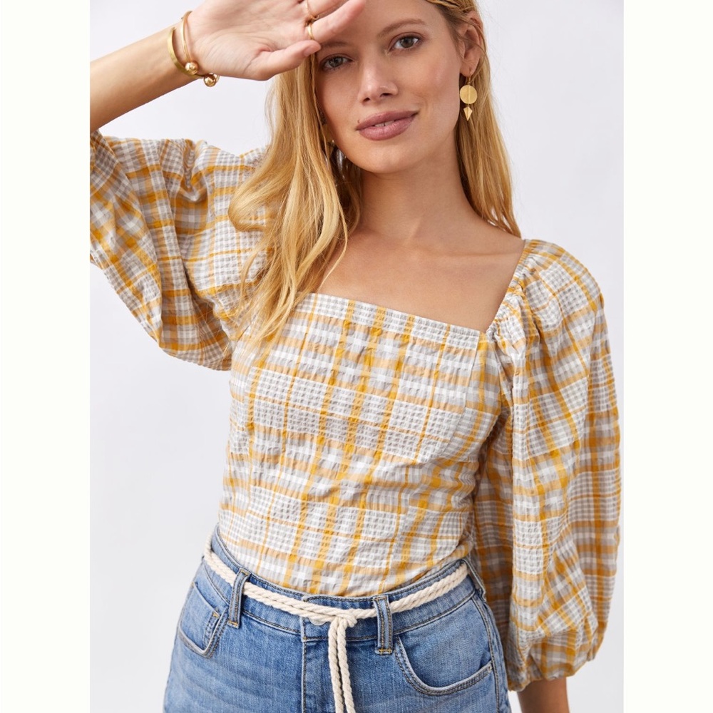 ✨ Anthropologie Plaid Square-Neck Blouse Sz M